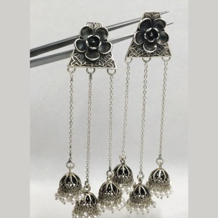 silver jhumka, silver earring, oxidised earrings, front side